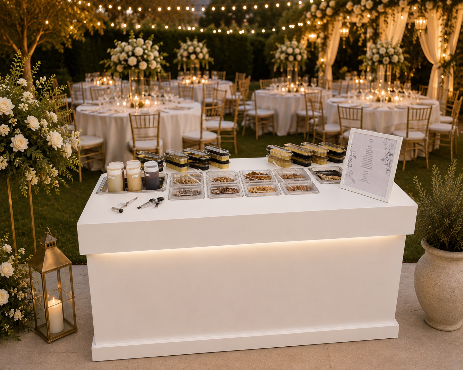 Elegant evening wedding reception with the Lalou Desserts cart